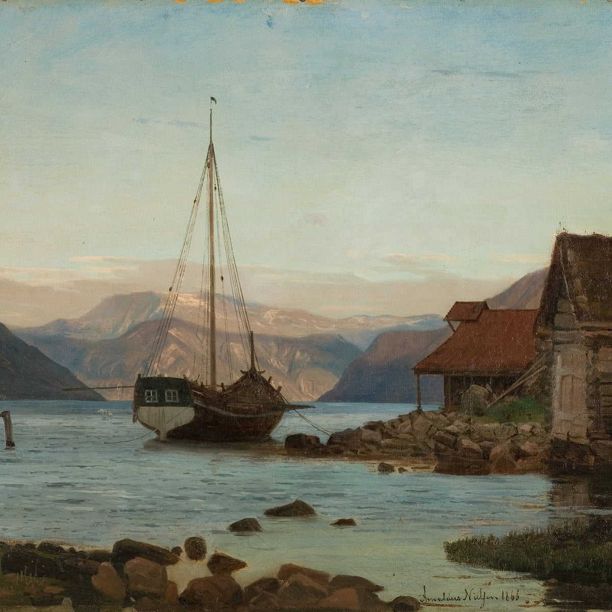 Hand-painted fjord boat by rustic shore nautical oil painting on canvas