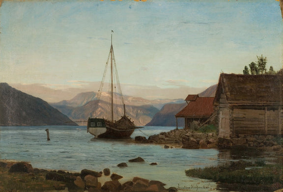 Hand-painted fjord boat by rustic shore nautical oil painting on canvas