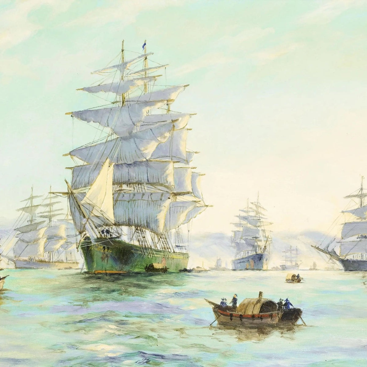 Nautical Oil Paintings - Fleet of Sailboats on Calm Sea - Oil Painting Haven