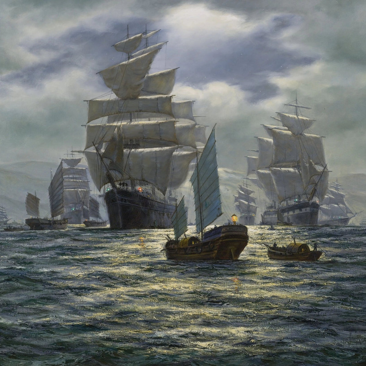 Nautical Oil Paintings - Fleet of Ships on Moonlit Sea - Oil Painting Haven