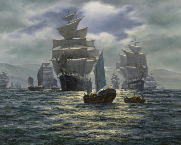 Nautical Oil Paintings - Fleet of Ships on Moonlit Sea - Oil Painting Haven