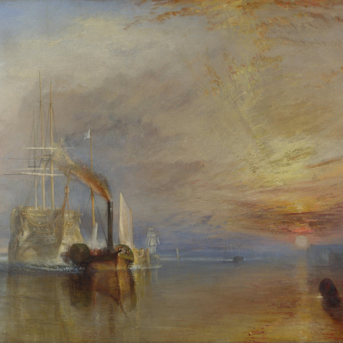 Hand-painted glowing sunset tall ship and tugboat nautical oil painting on canvas