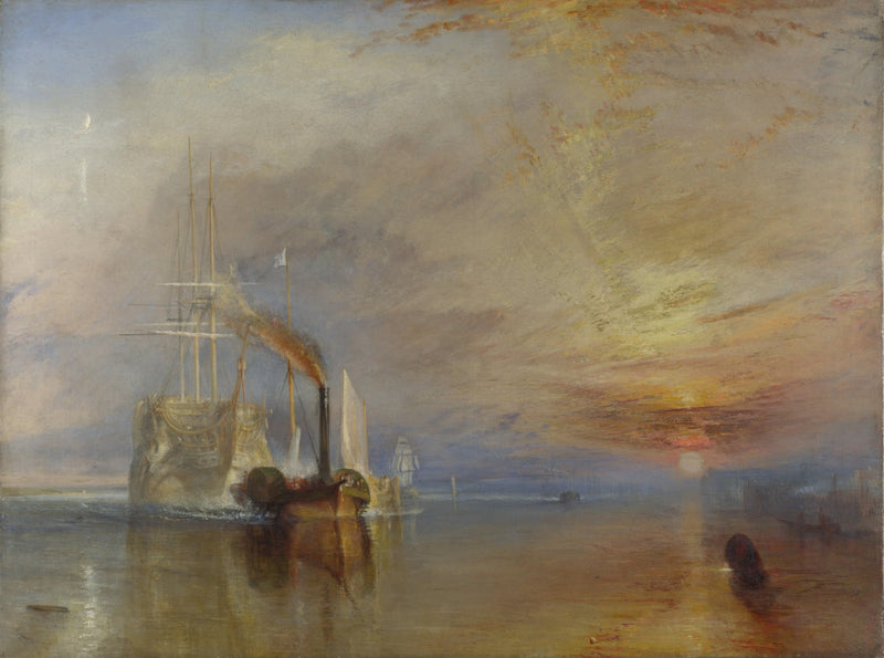 Hand-painted glowing sunset tall ship and tugboat nautical oil painting on canvas