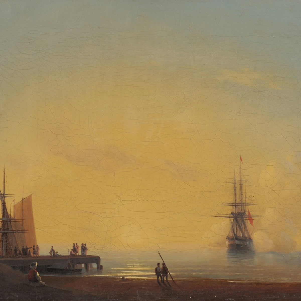 Hand-painted golden harbor at dusk nautical oil painting on canvas