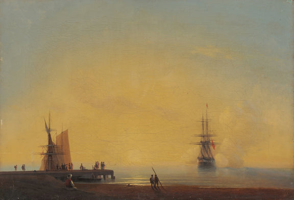 Hand-painted golden harbor at dusk nautical oil painting on canvas