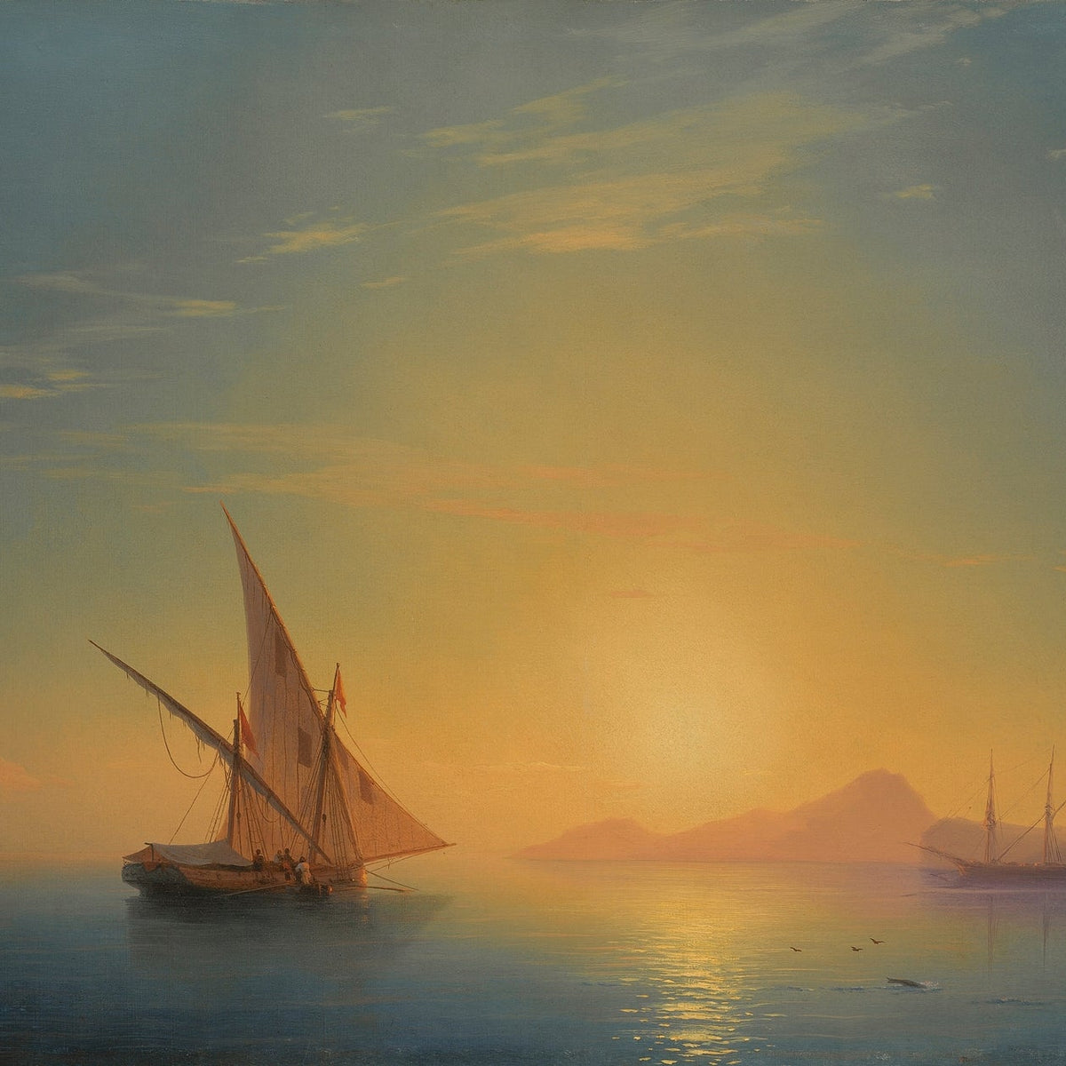 Hand-painted golden sunset sailing scene nautical oil painting on canvas