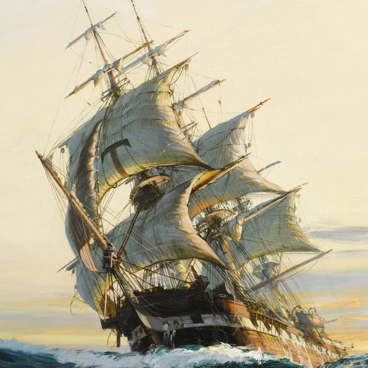 Hand-painted golden tall ship at sea, sunset sky nautical oil painting on canvas