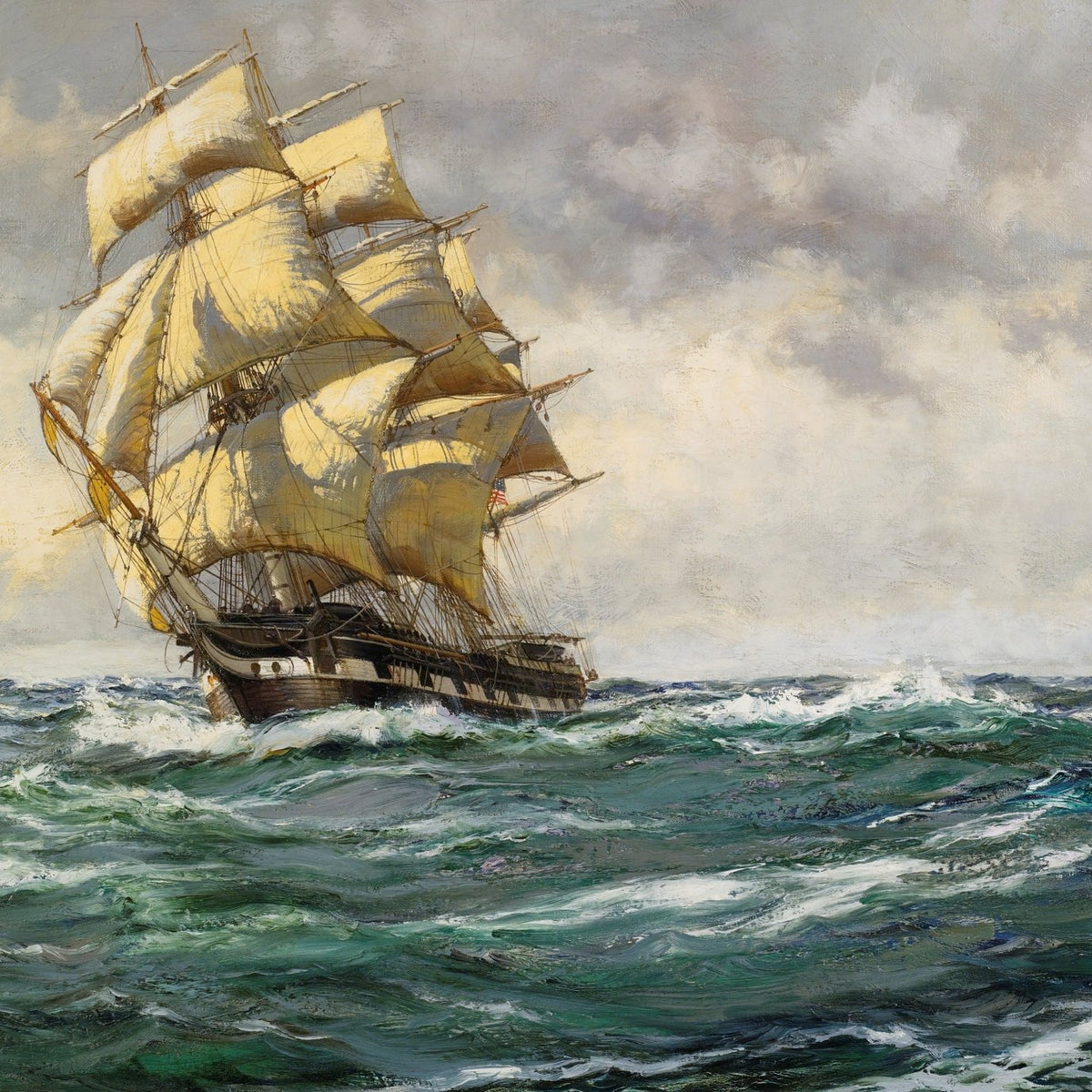 Hand-painted golden tall ship through ocean waves nautical oil painting on canvas