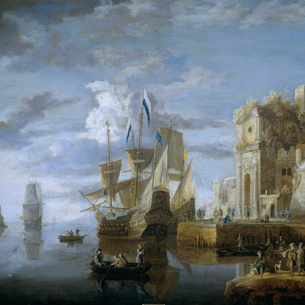 Nautical Oil Paintings - Grand Harbor Ship by Stone Quay - Oil Painting Haven