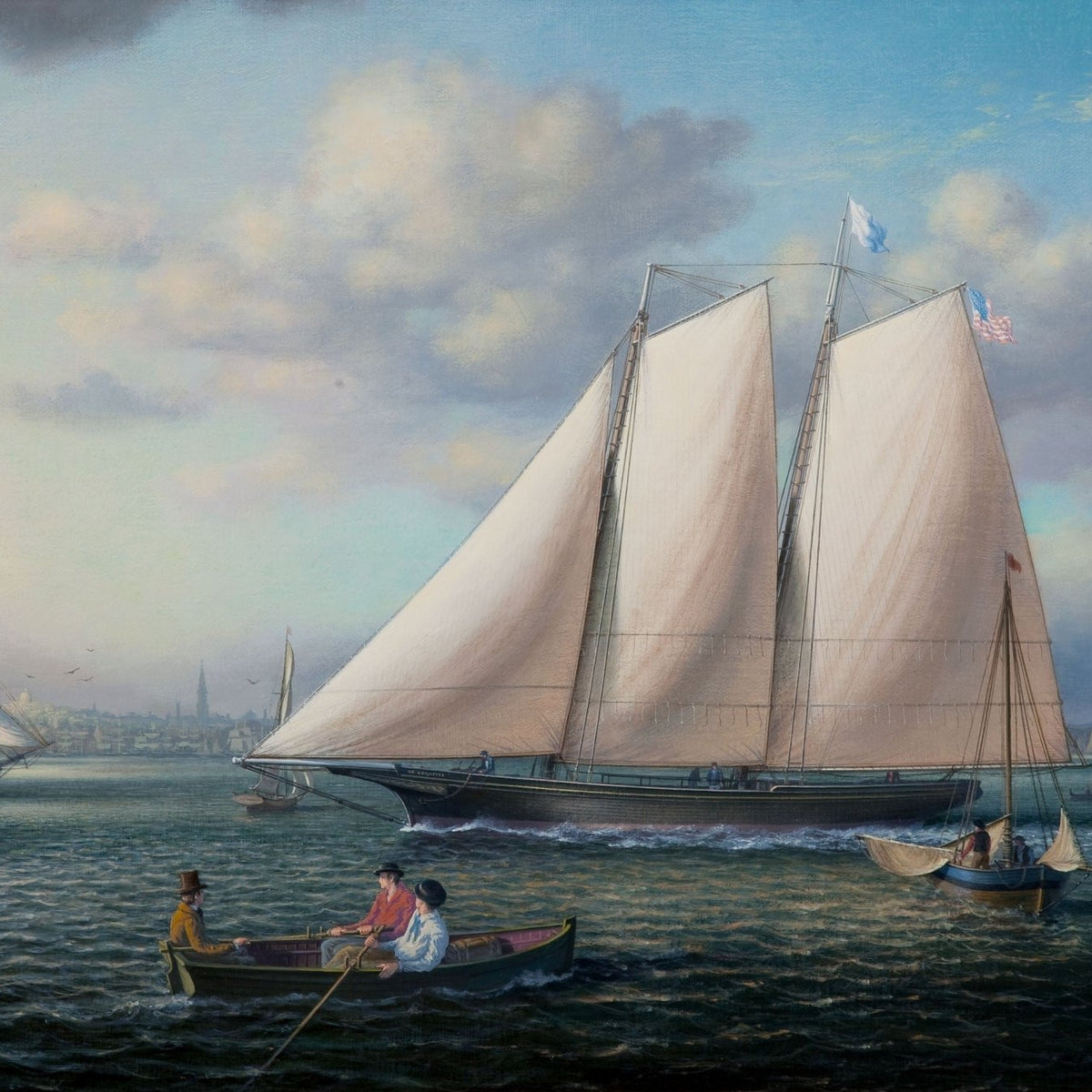 Nautical Oil Paintings - Grand Schooner in Historic Harbor Light - Oil Painting Haven