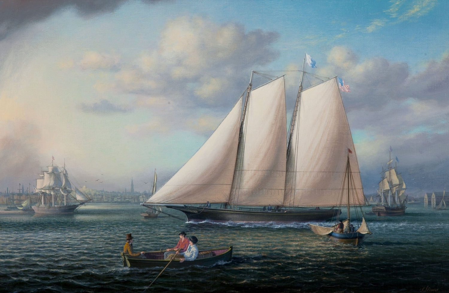 Hand-painted grand schooner in historic harbor light nautical oil painting on canvas