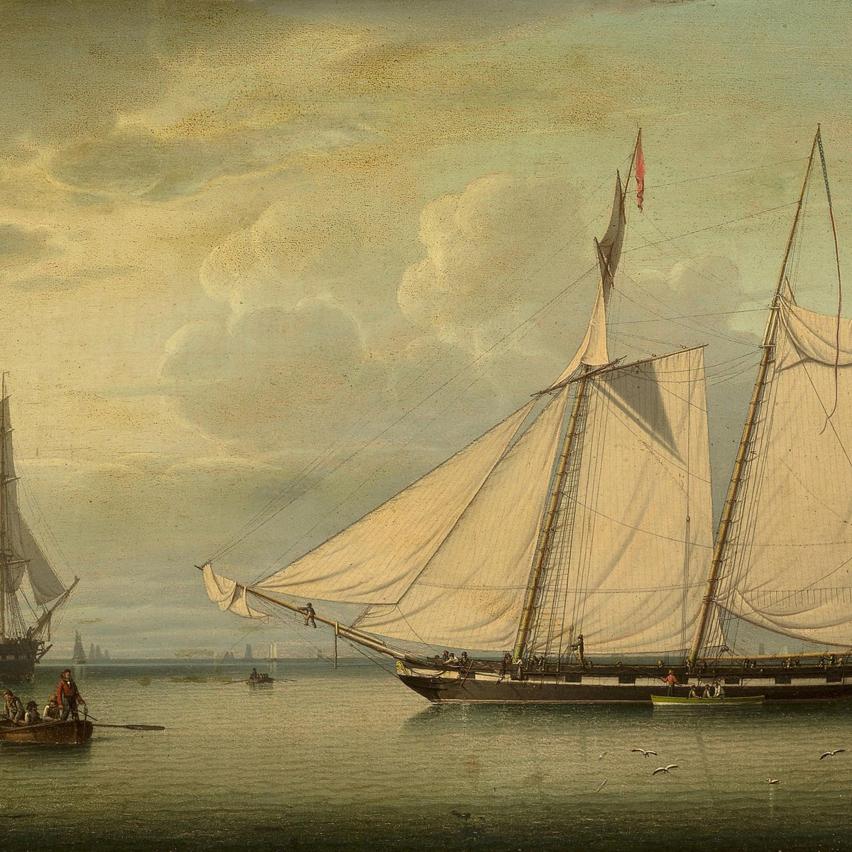 Hand-painted grand schooner on calm harbor waters nautical oil painting on canvas