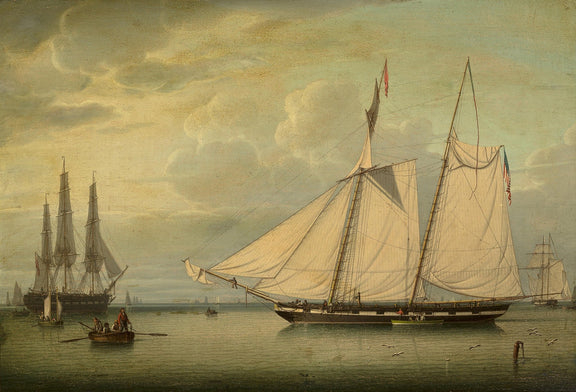 Hand-painted grand schooner on calm harbor waters nautical oil painting on canvas