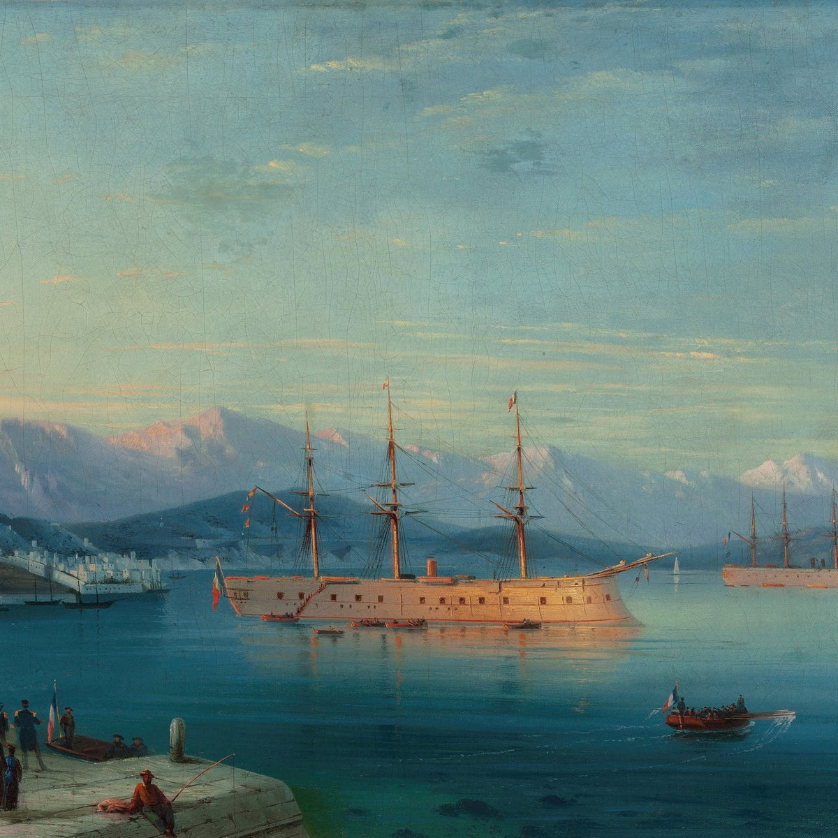 Hand-painted grand warship in calm harbor nautical oil painting on canvas