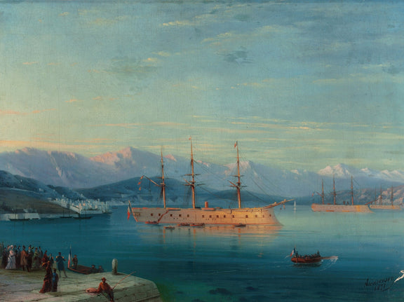 Hand-painted grand warship in calm harbor nautical oil painting on canvas