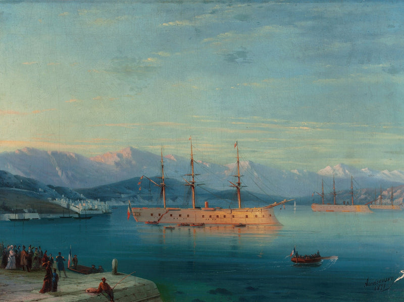 Hand-painted grand warship in calm harbor nautical oil painting on canvas