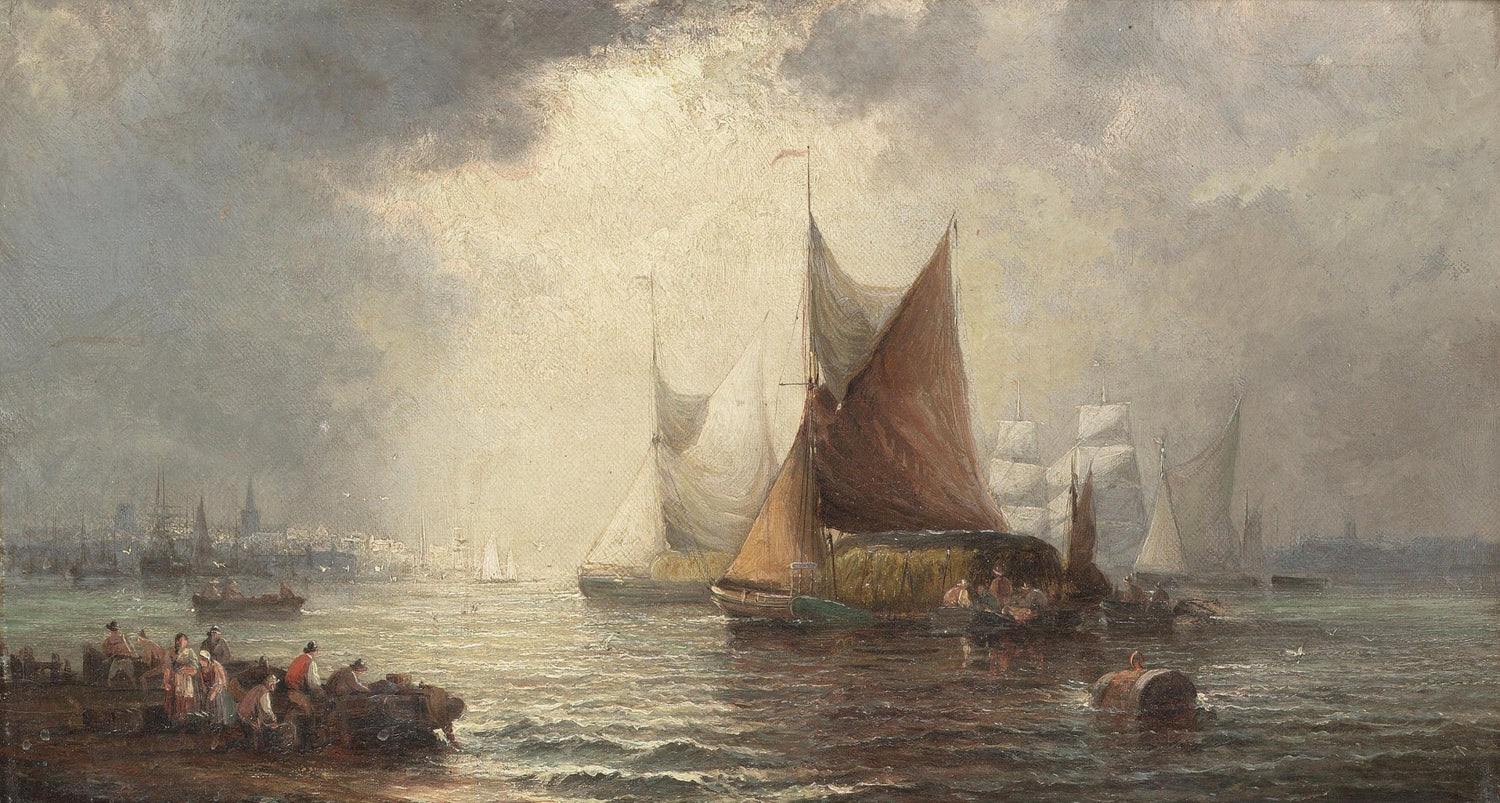 Hand-painted harbor barges in golden evening light nautical oil painting on canvas
