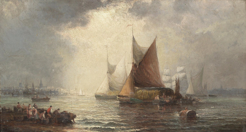 Nautical Oil Paintings - Harbor Barges in Golden Evening Light - Oil Painting Haven