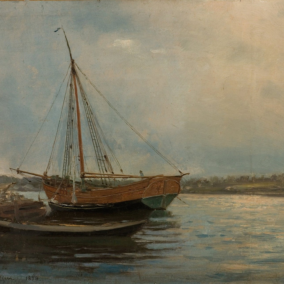 Hand-painted harbor boat at quiet dock nautical oil painting on canvas