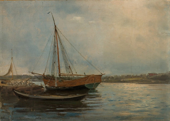 Hand-painted harbor boat at quiet dock nautical oil painting on canvas