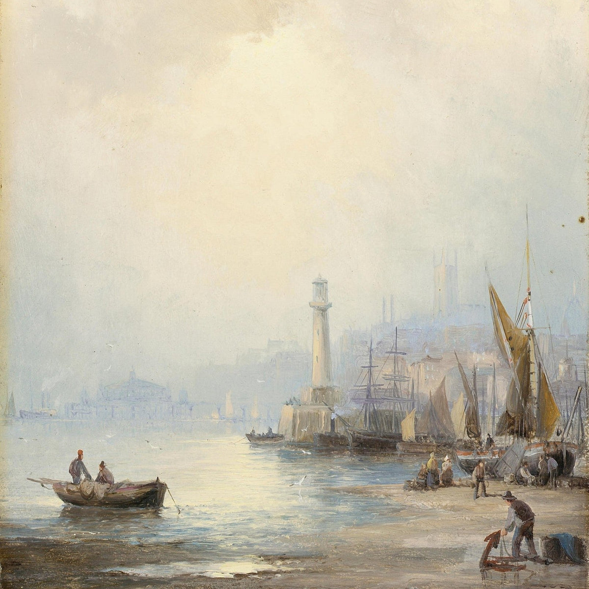 Nautical Oil Paintings - Harbor Lighthouse and Fishing Boats - Oil Painting Haven