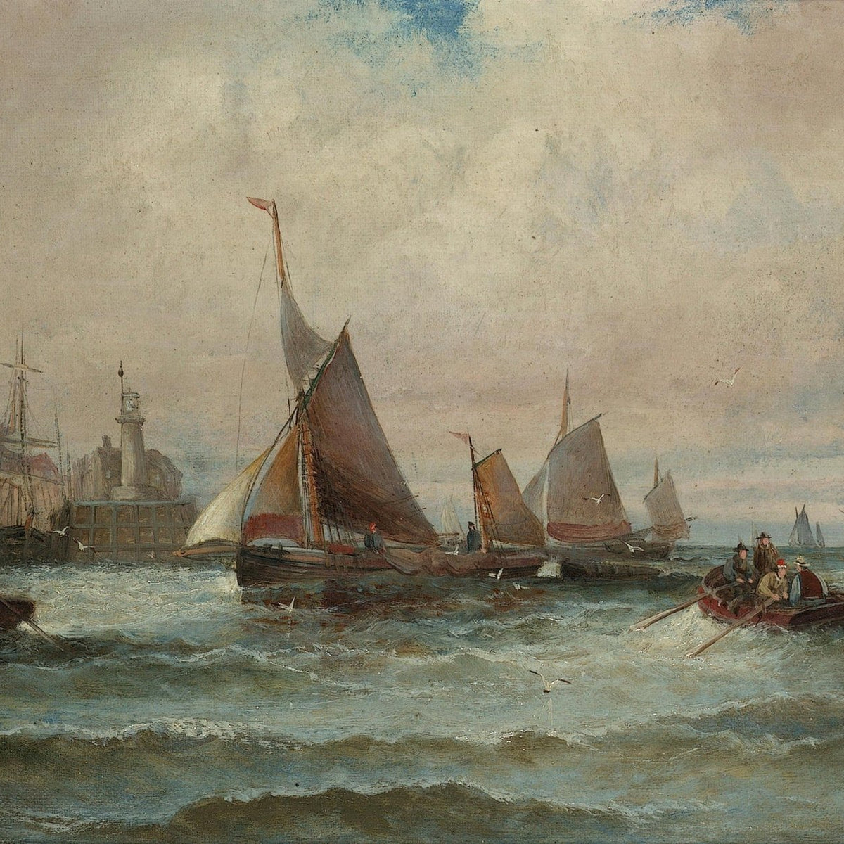 Hand-painted harbor sailboats and rowboats by pier nautical oil painting on canvas