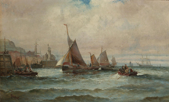 Hand-painted harbor sailboats and rowboats by pier nautical oil painting on canvas