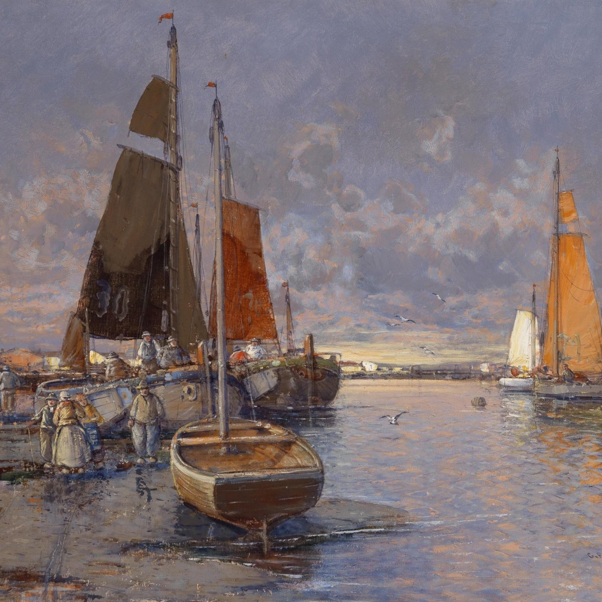 Hand-painted harbor sailboats at sunset nautical oil painting on canvas