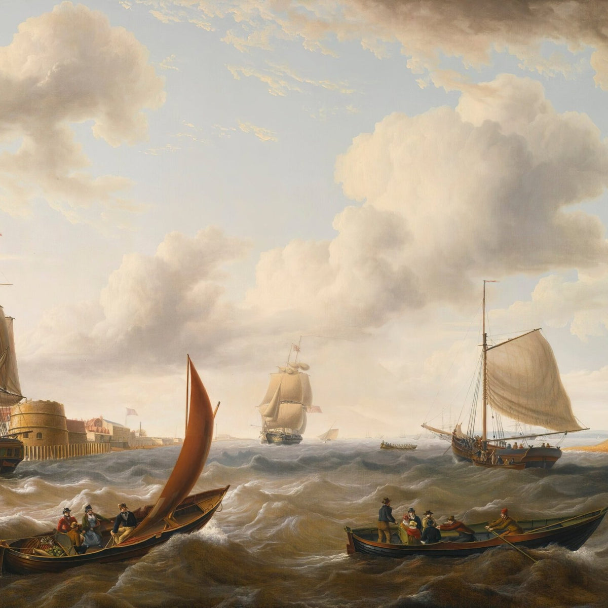 Hand-painted harbor sailboats in rolling waves nautical oil painting on canvas