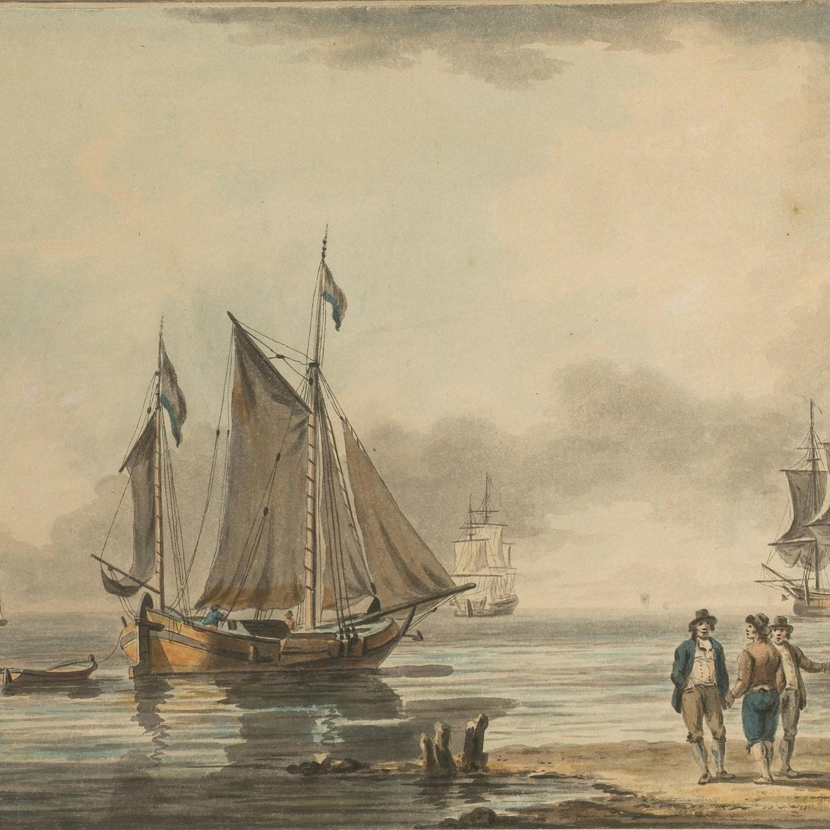 Hand-painted harbor sailboats with figures at shore nautical oil painting on canvas