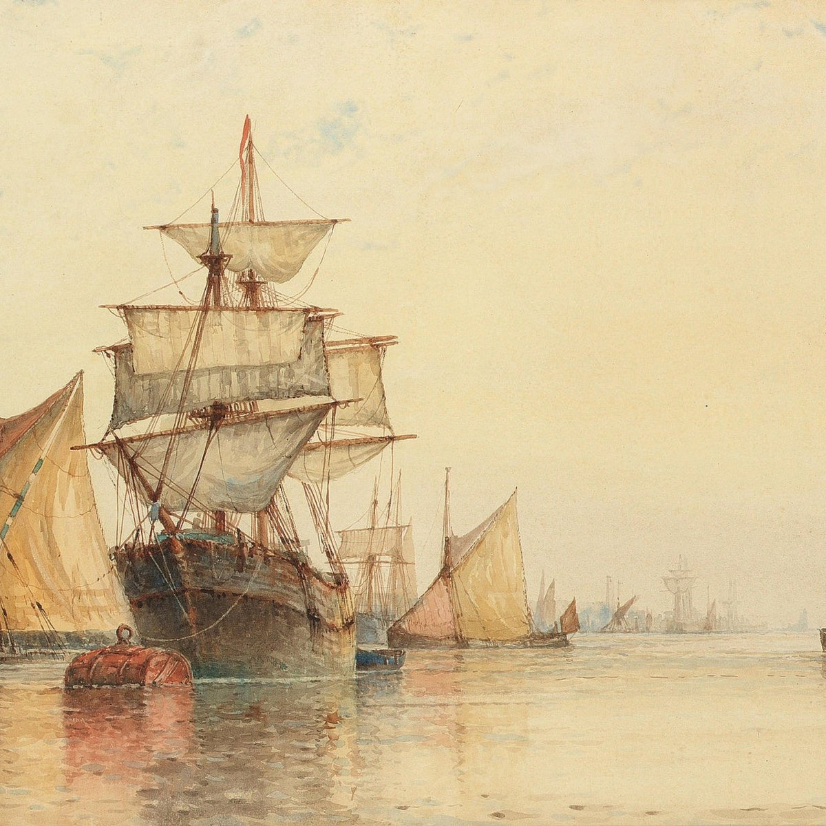 Hand-painted harbor ship and tugboat on calm water nautical oil painting on canvas