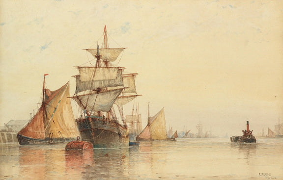 Hand-painted harbor ship and tugboat on calm water nautical oil painting on canvas