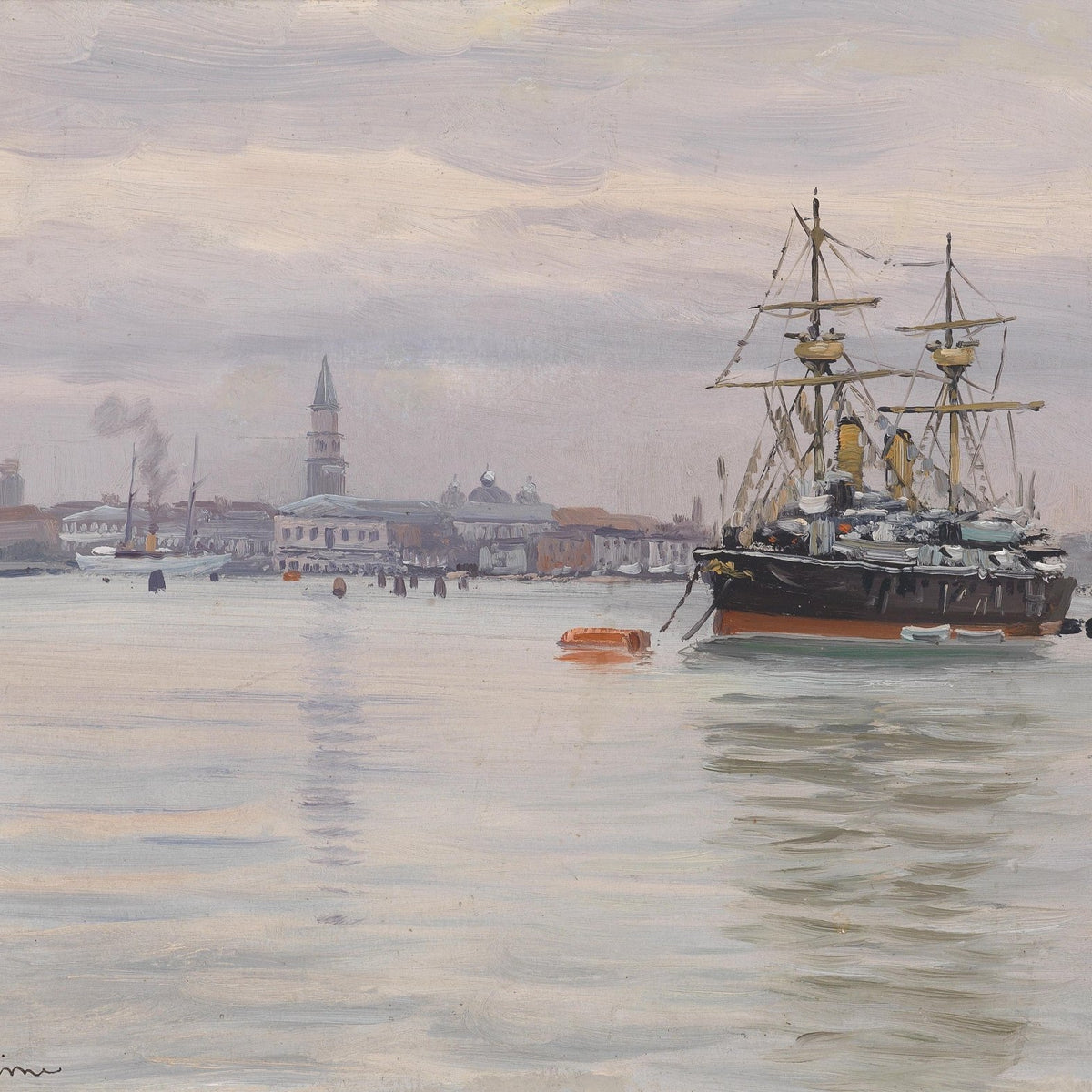 Hand-painted harbor ship at quiet port nautical oil painting on canvas