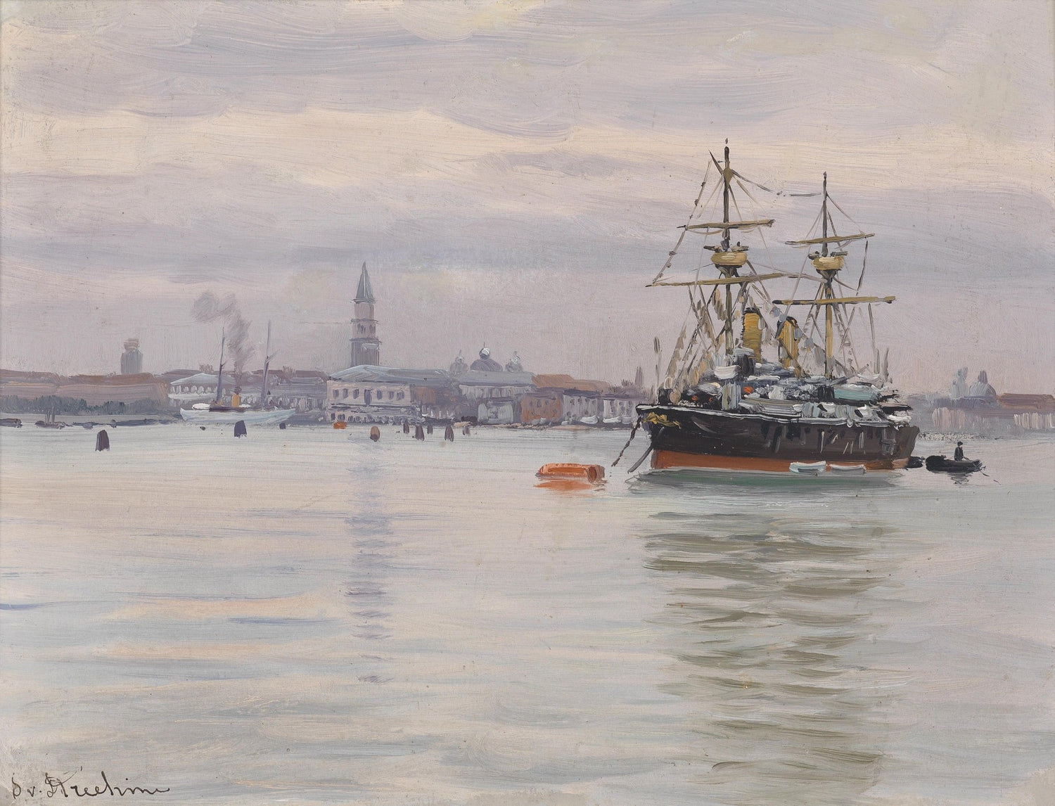 Hand-painted harbor ship at quiet port nautical oil painting on canvas