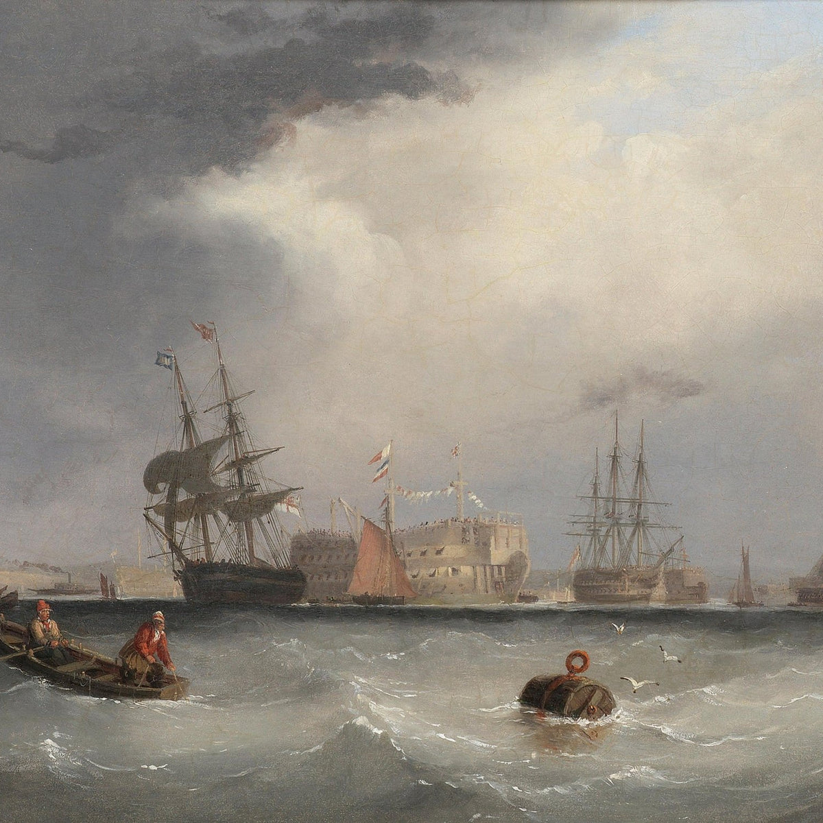 Hand-painted harbor ships and rowboat in stormy light nautical oil painting on canvas