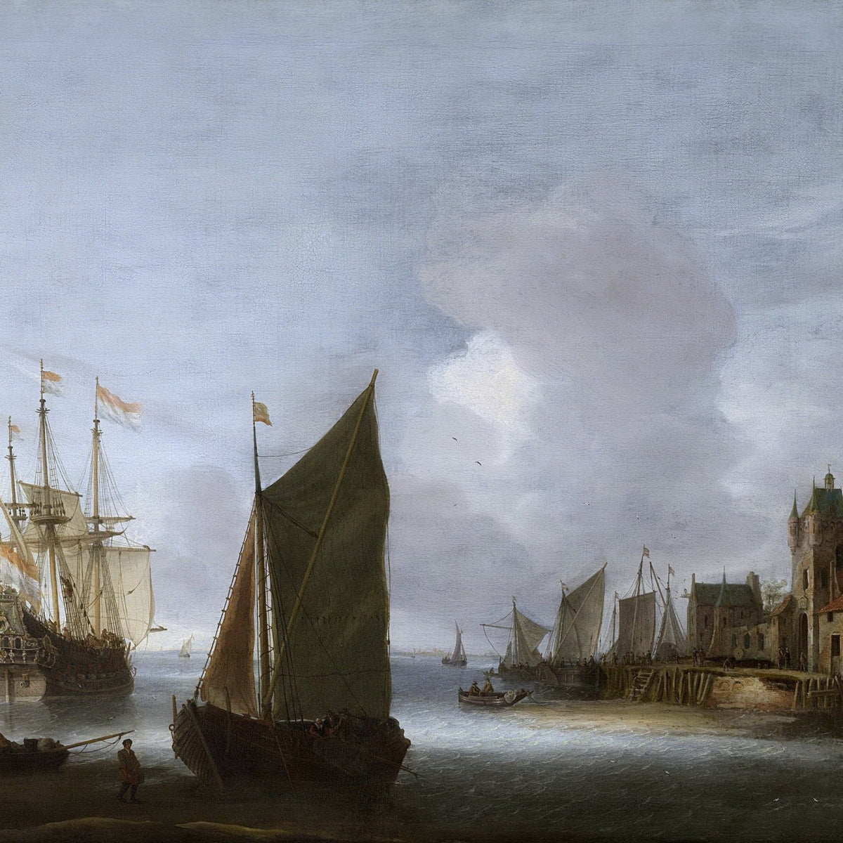 Nautical Oil Paintings - Harbor Ships by Old Dutch Port - Oil Painting Haven