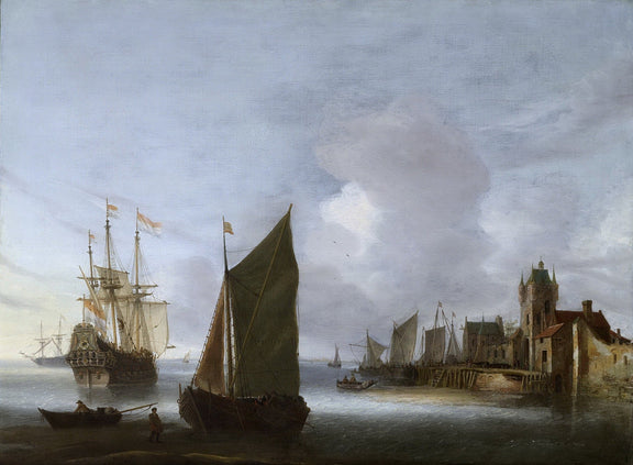 Nautical Oil Paintings - Harbor Ships by Old Dutch Port - Oil Painting Haven