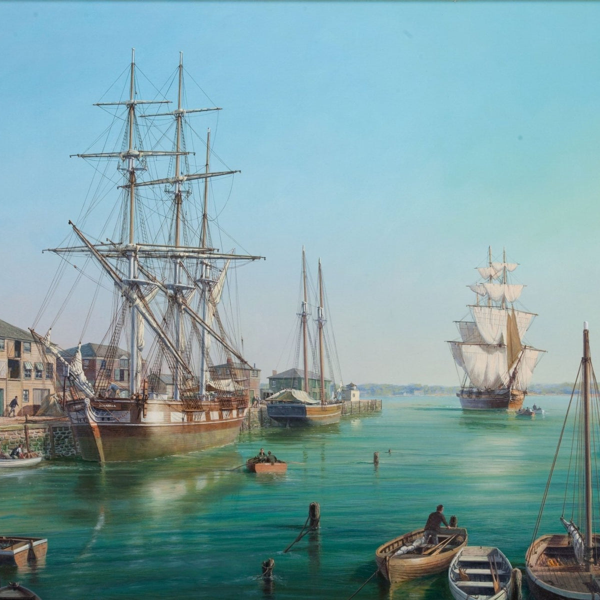 Hand-painted harbor ships in a quiet coastal port nautical oil painting on canvas