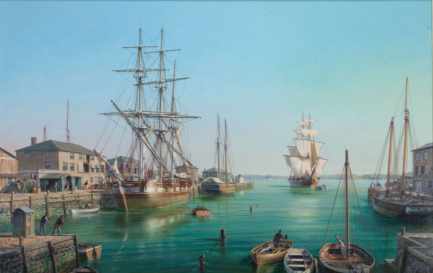 Hand-painted harbor ships in a quiet coastal port nautical oil painting on canvas