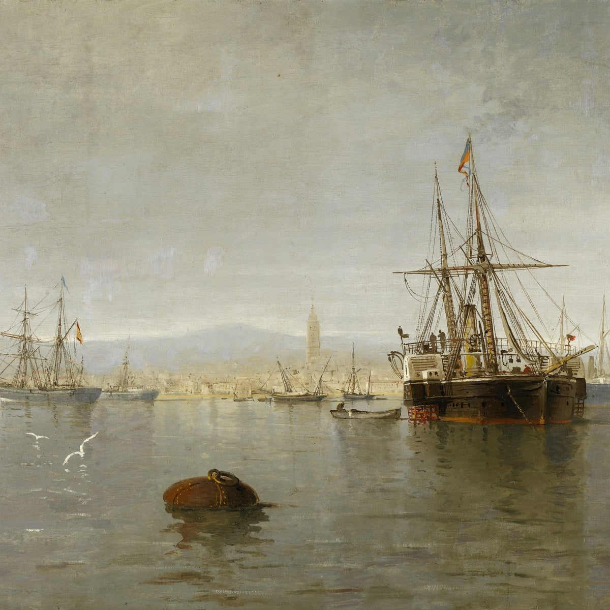 Nautical Oil Paintings - Harbor Ships on Calm Water Canvas Art - Oil Painting Haven