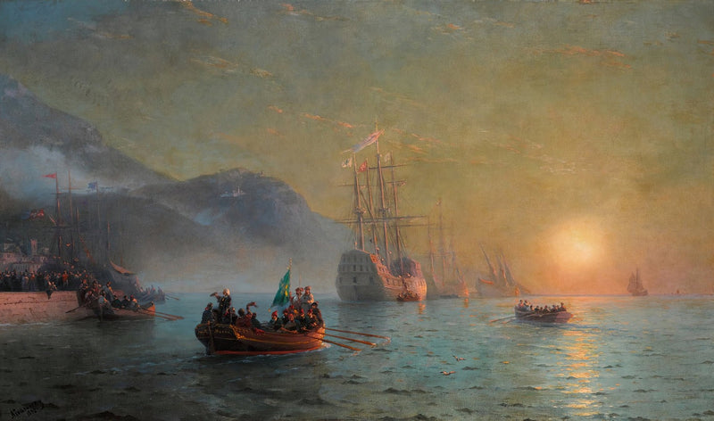Hand-painted harbor sunset with sailing ships nautical oil painting on canvas