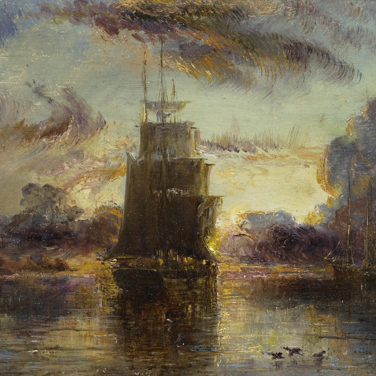 Hand-painted harbor tower and sailboat at sunset nautical oil painting on canvas