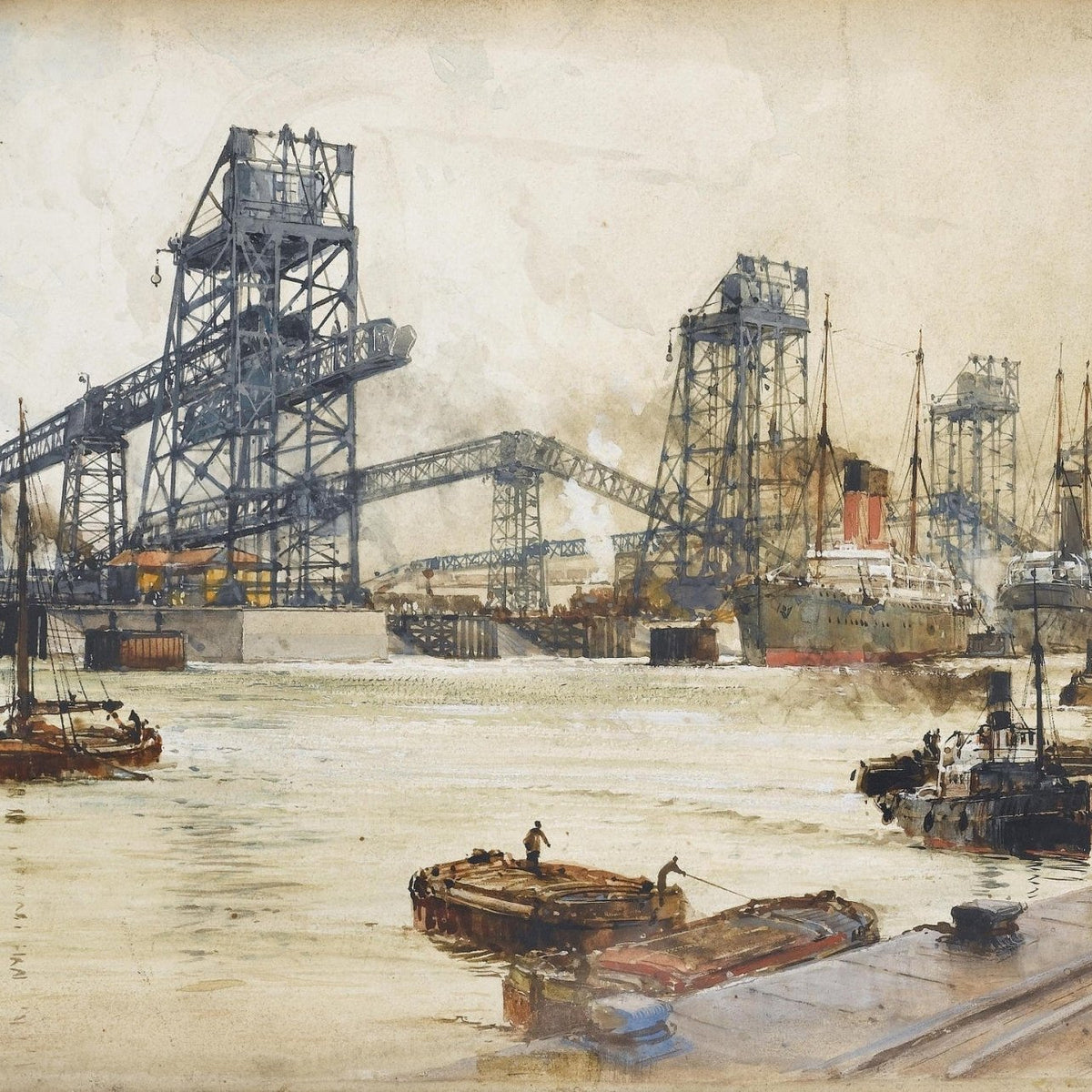 Hand-painted harbor with steamships and dock cranes nautical oil painting on canvas