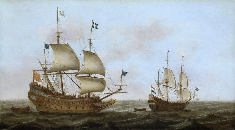 Hand-painted historic Dutch warships on open sea nautical oil painting on canvas
