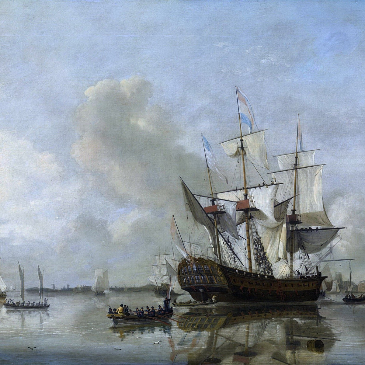 Hand-painted historic frigate on calm harbor water nautical oil painting on canvas