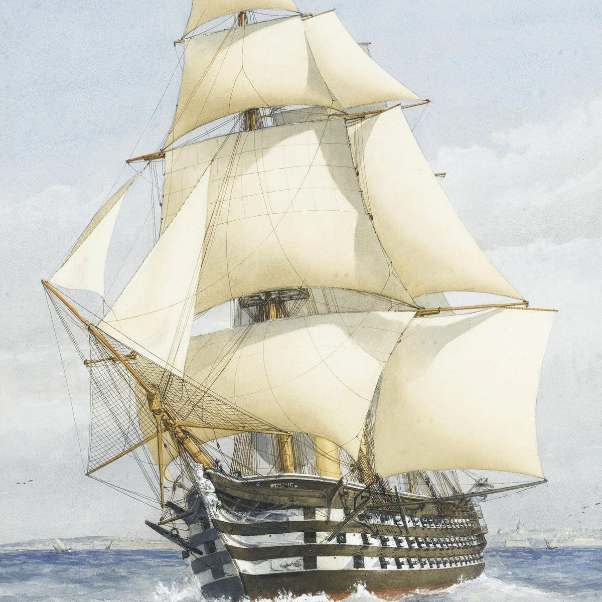 Hand-painted historic frigate with full white sails nautical oil painting on canvas