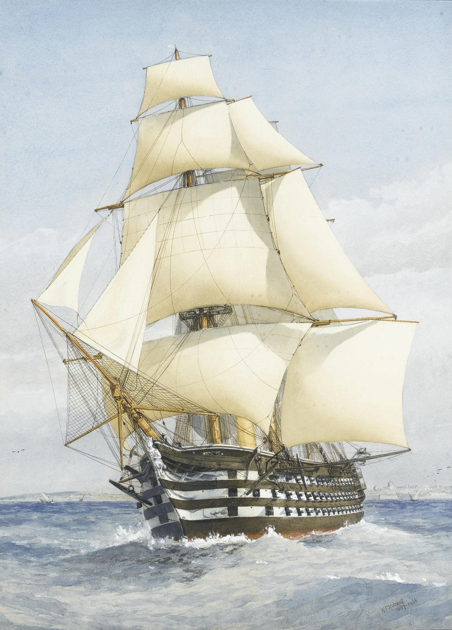 Hand-painted historic frigate with full white sails nautical oil painting on canvas