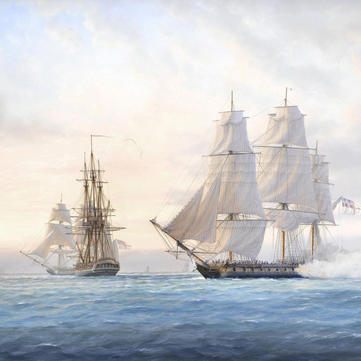 Nautical Oil Paintings - Historic Frigates on Blue Sea at Dawn - Oil Painting Haven