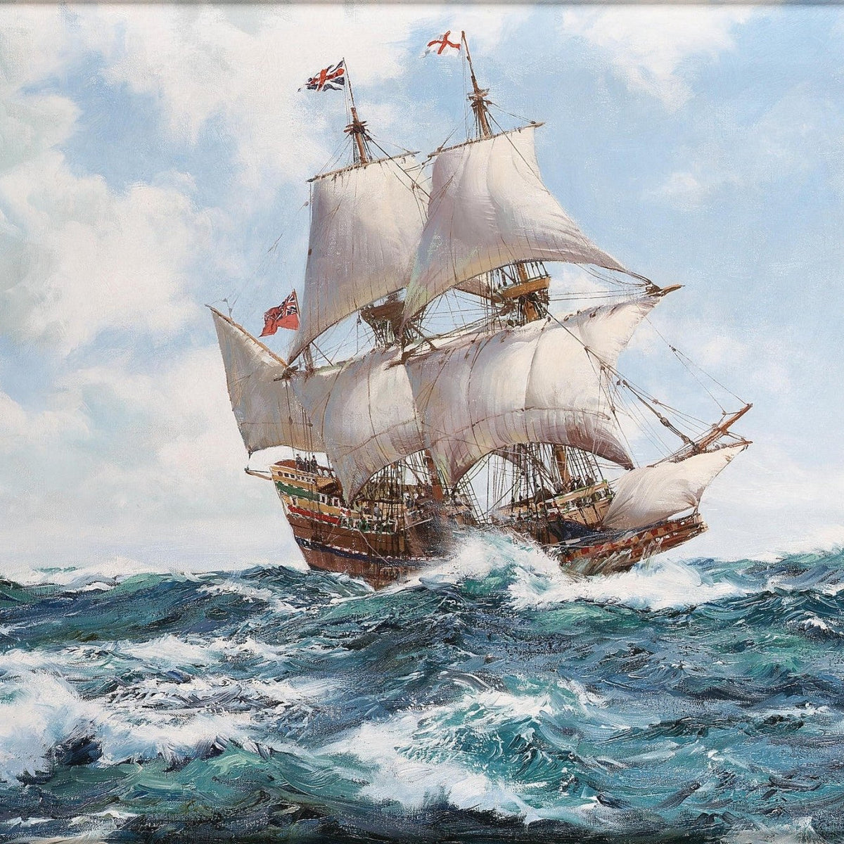 Hand-painted historic galleon on choppy blue sea nautical oil painting on canvas