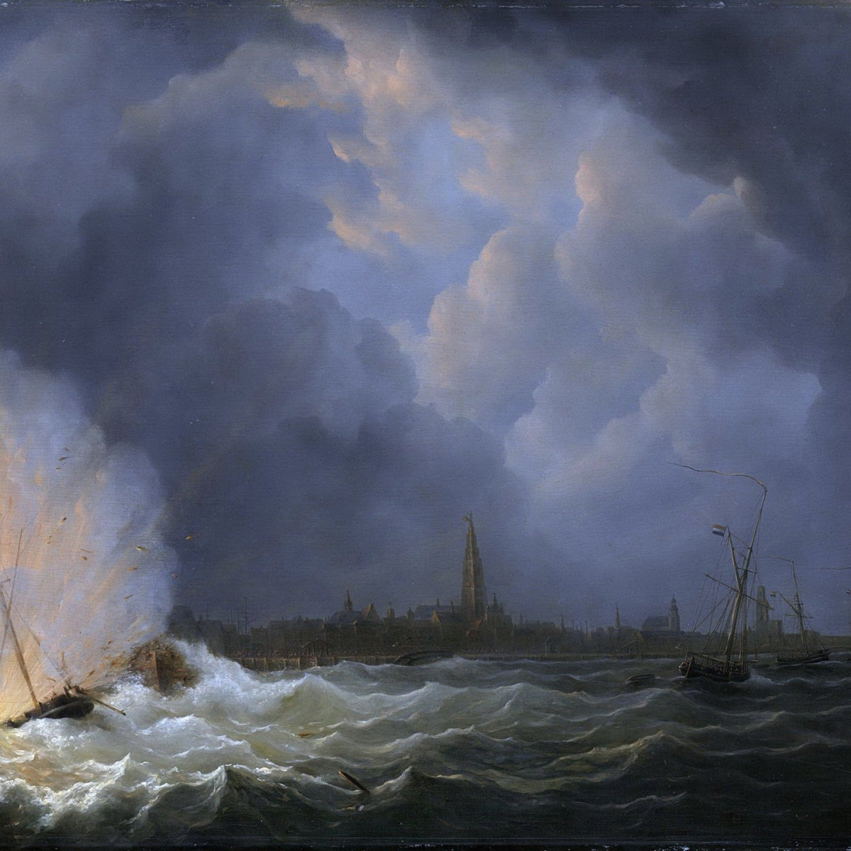 Nautical Oil Paintings - Historic Gunboat Explosion off Antwerp - Oil Painting Haven